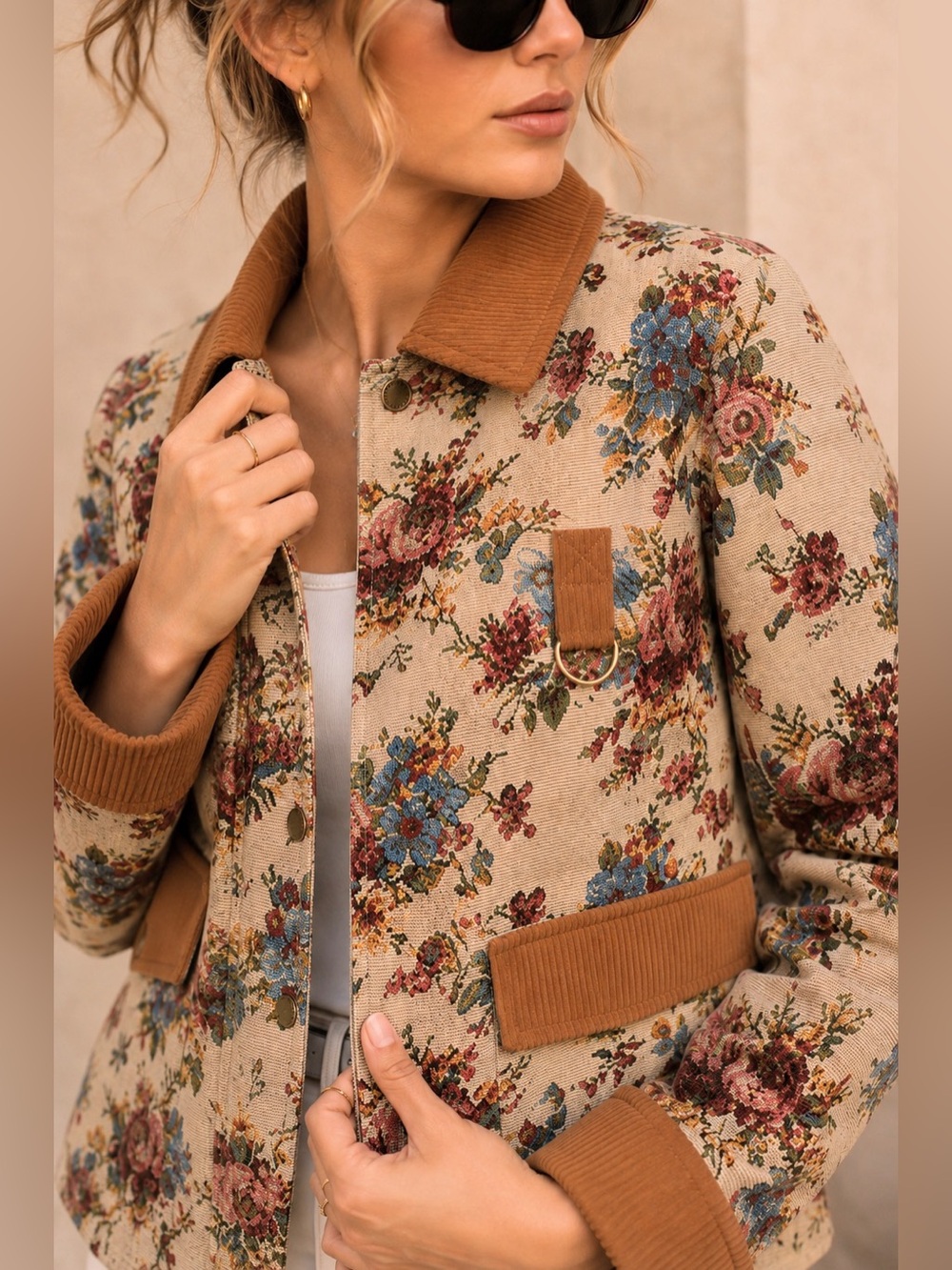 Avec Les Filles Beige Floral Utility Jacket with Rust Corduroy Trim S